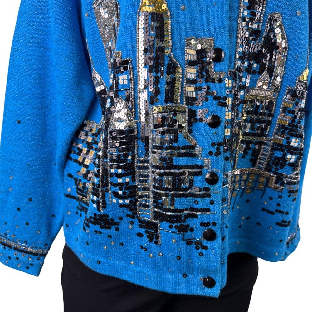 Design Options Womens Blue Button-Up Sequin Cardigan Skyline Embellished Sz L - Picture 7 of 10